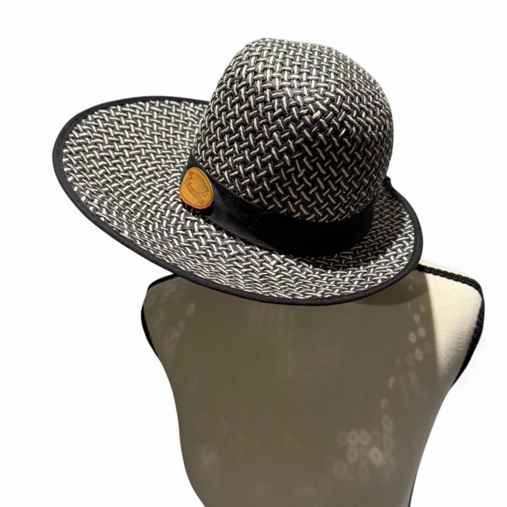 Mazatlan‎ Black & White Woven Straw Wide Brim Sun Hat